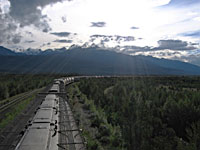 train heading toward mountains